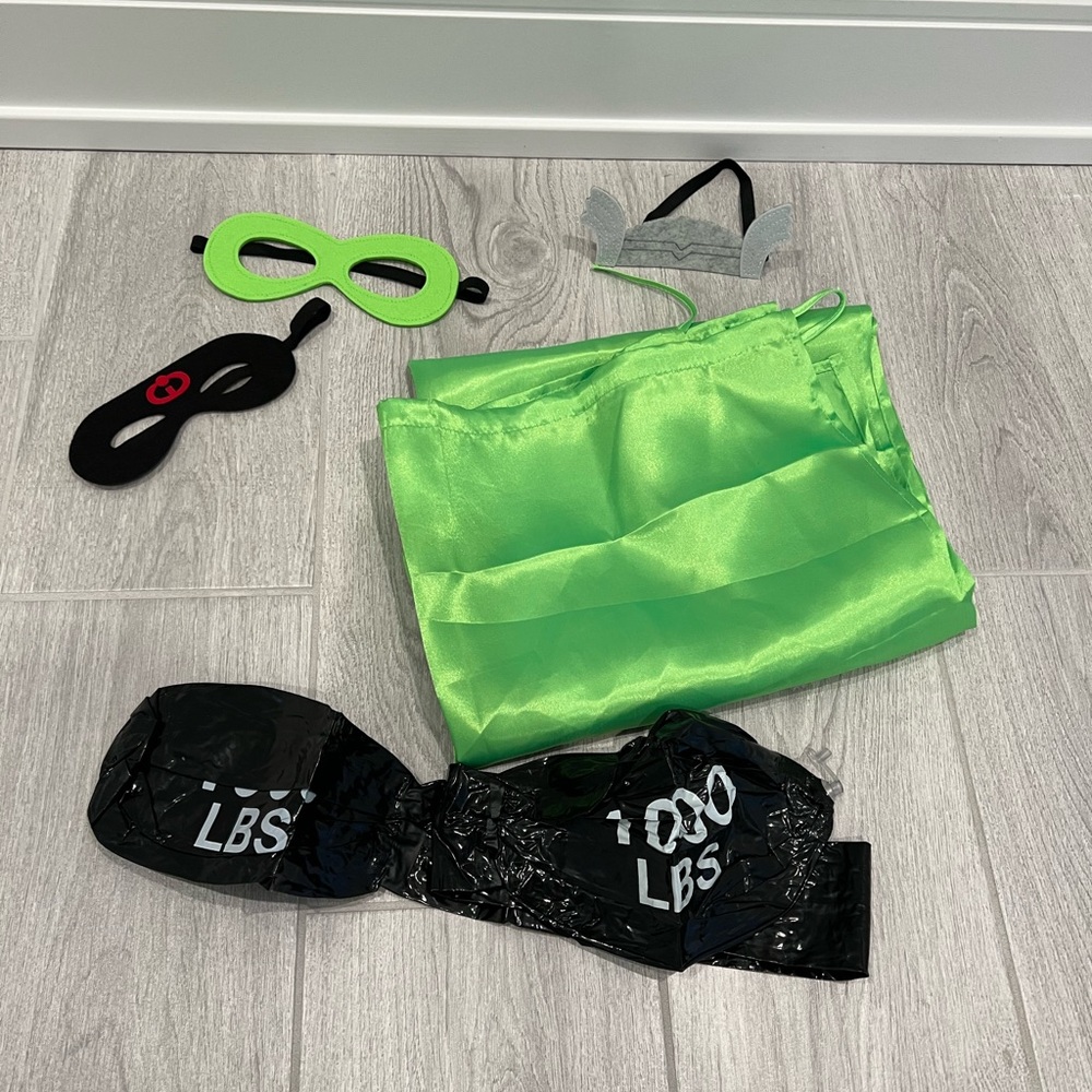 New! Superhero masks, cape and barbell
